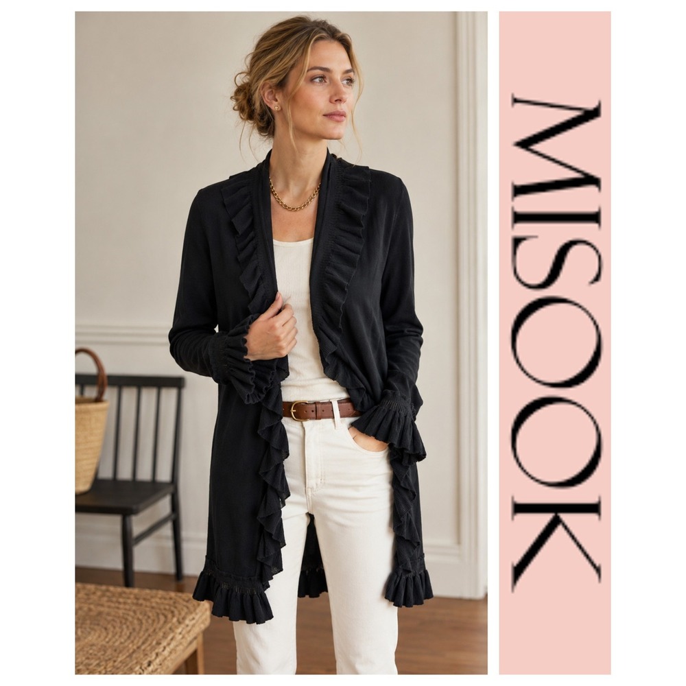 Exclusively Misook Vtg Black Knit Long Cardigan Duster Ruffle Trim Long Sleeve L